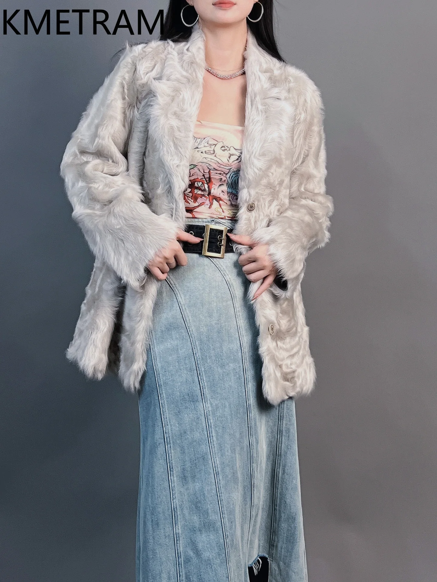 KMETRAM Natural Sheepskin with Wool Attached Coat Light Grey Suit Collar Reversible Real Fur Jacket Woman Clothing Winter шуба