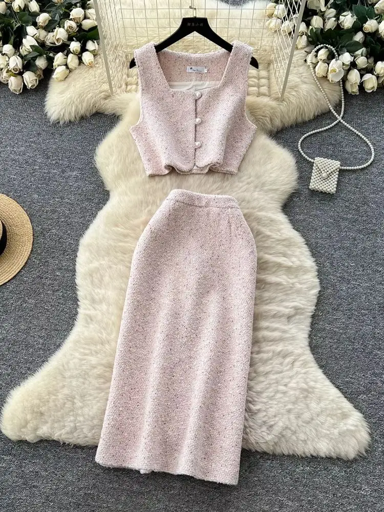 High Quality French Luxury Tweed 2 Piece Set Women Sleeve Tank + Midi Skirt Sets Conjuntos Femininos Fashion Two Piece Outfit