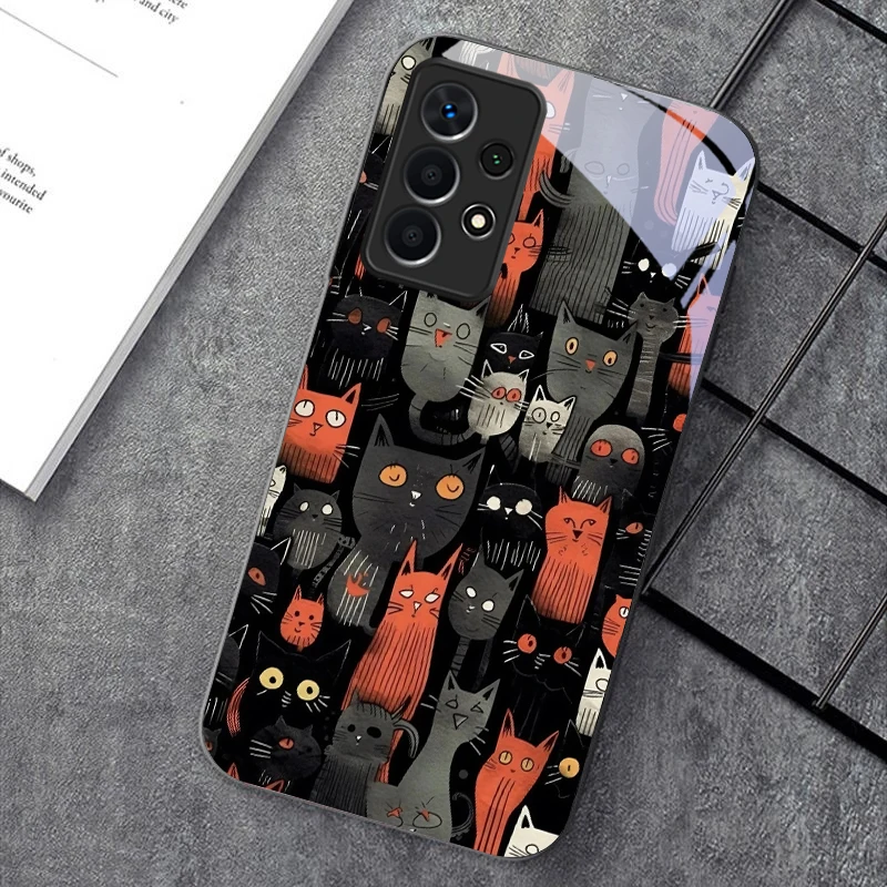 Stacking cats For Samsung A7 A8 2018 Galaxy A33 34 35 36 5G 41 50 51 52 53 54 55 71 73 80 90 S10 Lite Black glass phone case