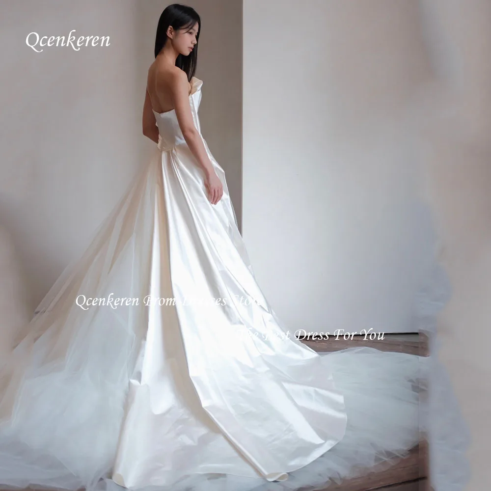 Qcenkern-cetim vestido de casamento sem alças, simples Magro Backless Tulle, Andar de comprimento A-Line, mangas vestidos nupciais, Sweep Train