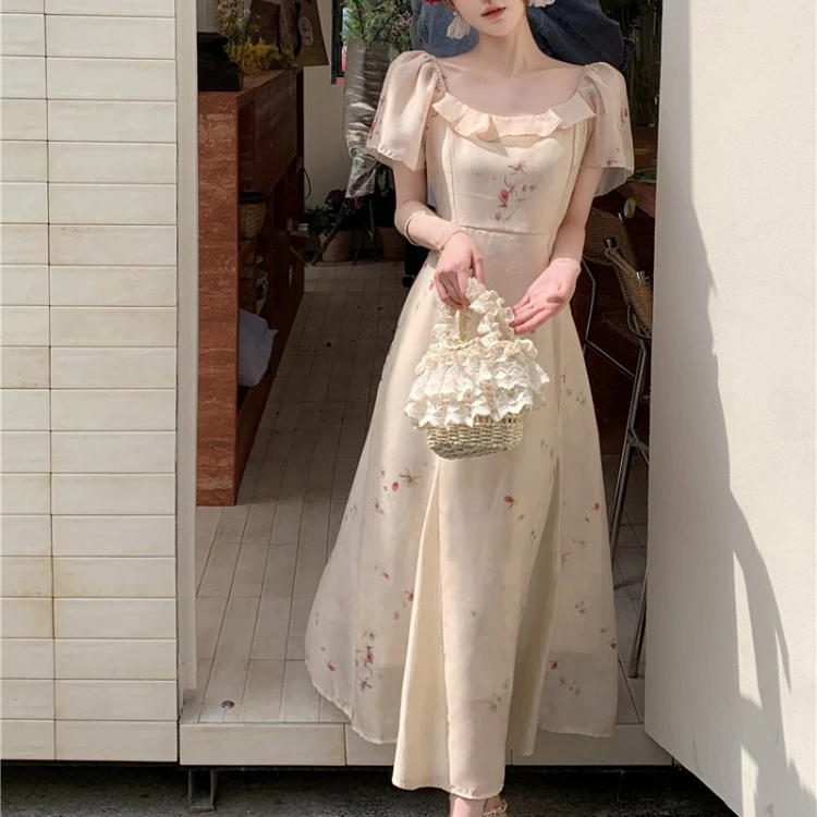 

2024 Women Summer Fashion Floral Square Collar Dress Female Short Sleeve Loose Dresses Ladies Elegant Long A-line Vestidos X376