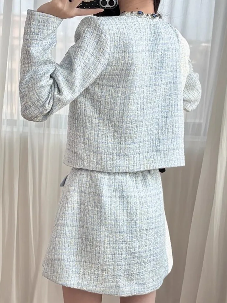 Elegant Females French Style Tweed Jacket O-Neck Stylish Single Breasted Long Sleeve Bead Diamonds Shiny Fashion Short Coat