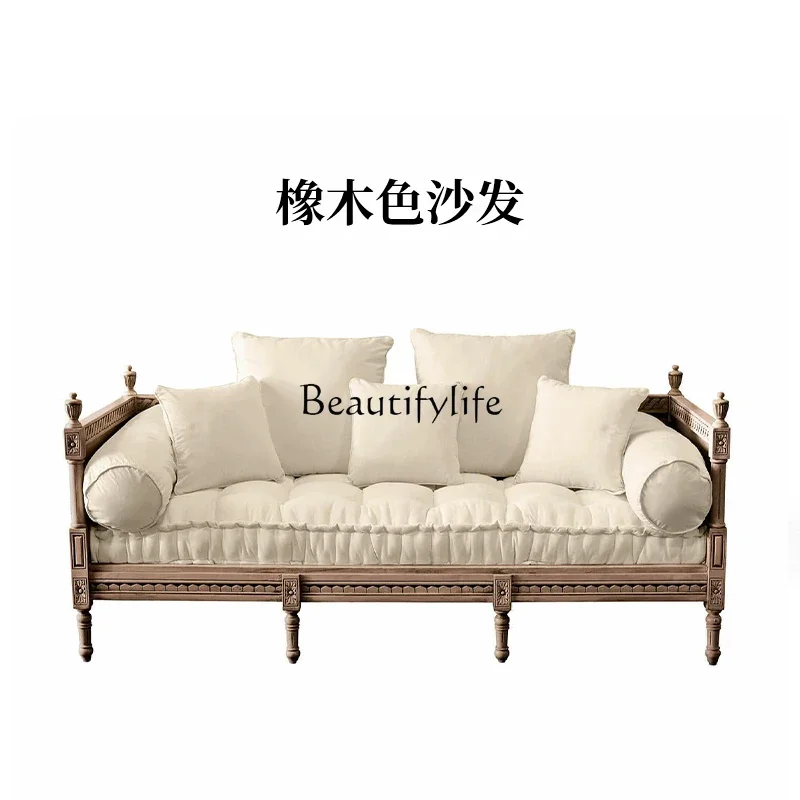 

a French Solid Wood Sofa Small Apartment Living Room Retro White Oak Carved Sofa for Three People