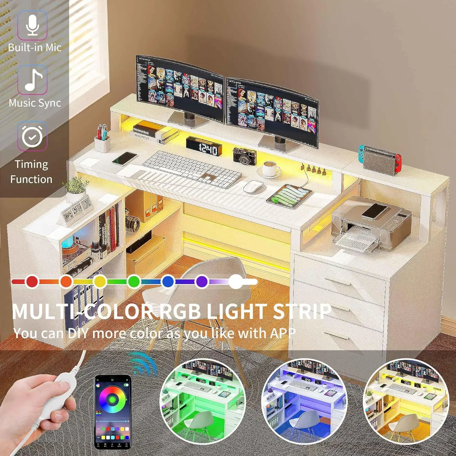 L Shaped Desk with 3 Drawers, 65" Corner Computer Desk with Power Outlets & LED Lights, L-Shaped Desk with File Cabinet