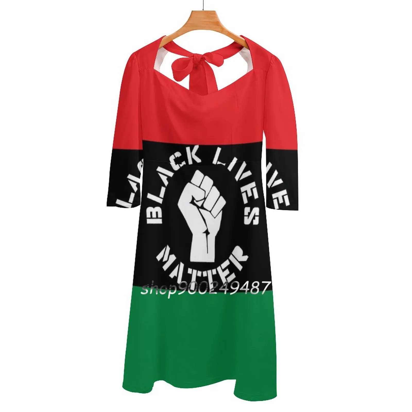 Black Lives Matter Fist , Unia Flag , Pan-African , Black Sweet Elegant Dress Women Korean Kawaii Square Collar Dress Black