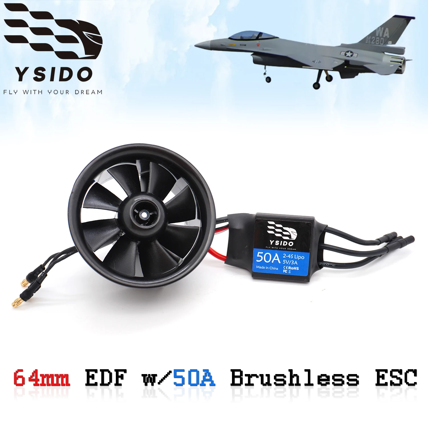 

Вентилятор YSIDO 64 мм EDF с 8 лопастями, бесщеточный регулятор скорости 50А, 2-4S, 5В/3А BEC для радиоуправляемых реактивных самолетов и самолетов с фиксированным крылом, набор аксессуаров для самостоятельной сборки