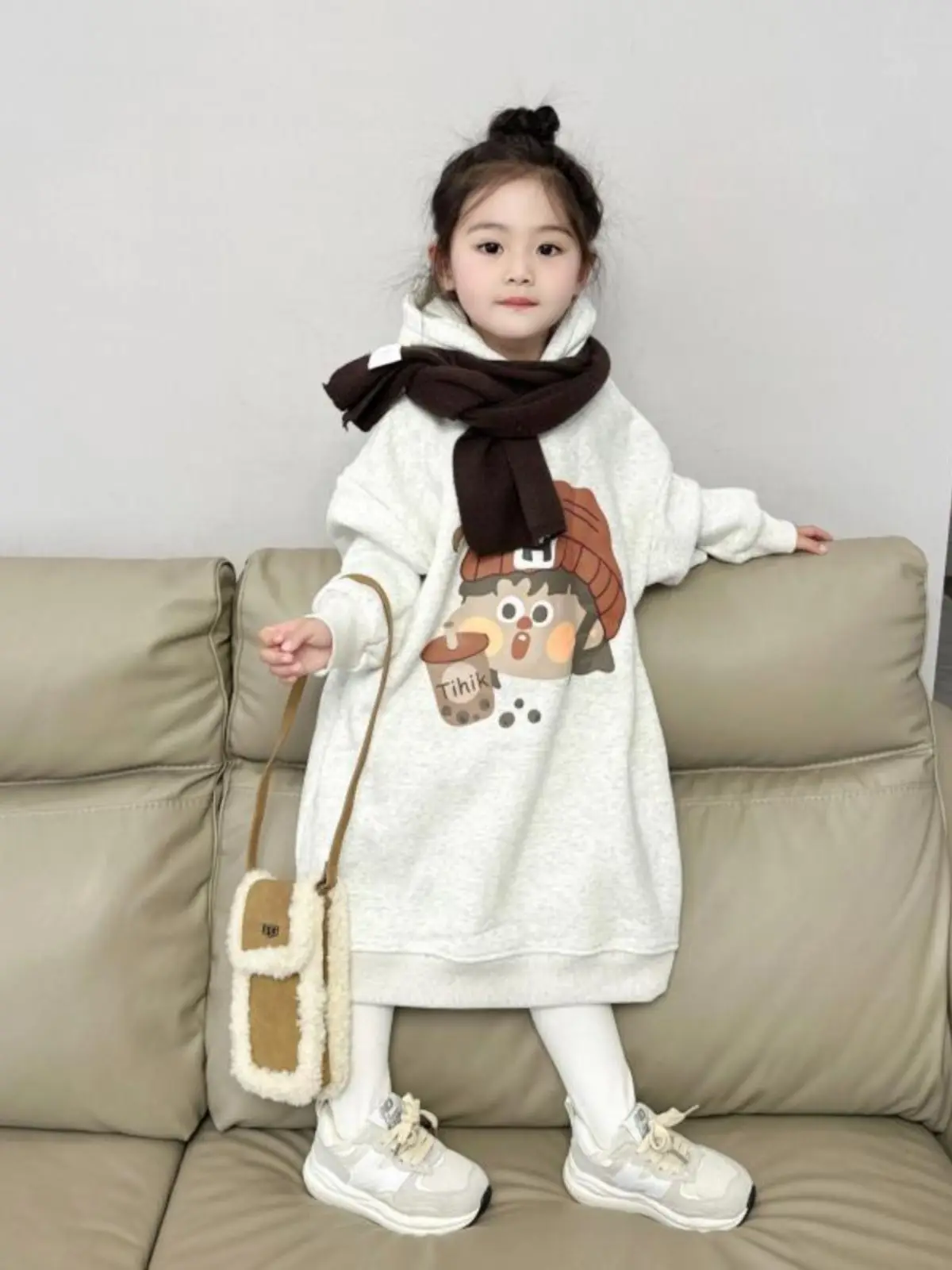 Girls' 2025 AW Korean-Style Integrated Fleece Lined Thickened Warm Long Sweatshirt Dress for 4-12Y