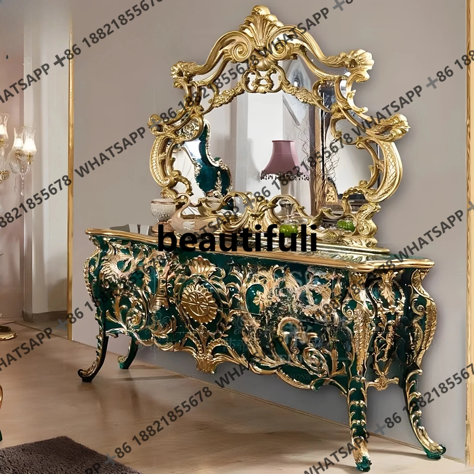

French villa dining side cabinet European court dark green parquet gold foil large apartment living room locker
