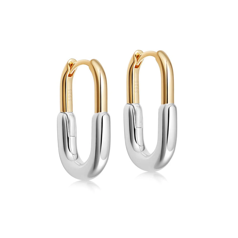 1 Pair Fashionable Unique Two Tone Designer Earrings 925 Sterling Silver Fine Jewelry Chic Minimalist Geometric Hoop Earrings