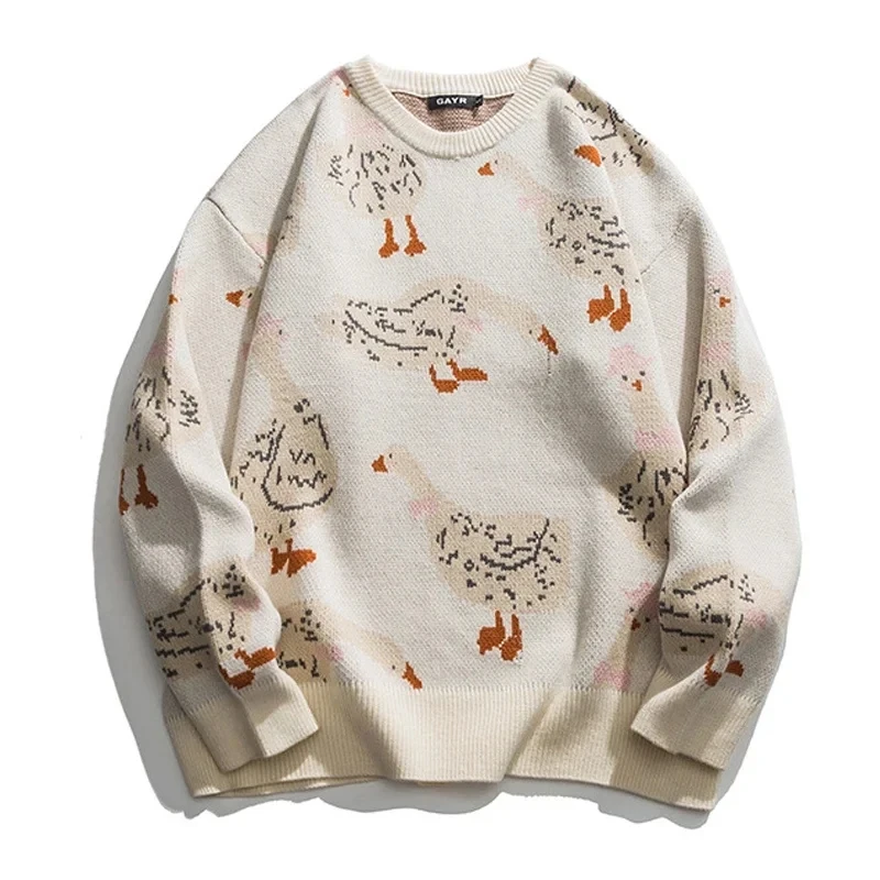 Japanese Knitted Sweater Men Cartoon Animal Duck Goose Print Harajuku Casual O-neck Oversize Top Streetwear Unisex Fall Pullover