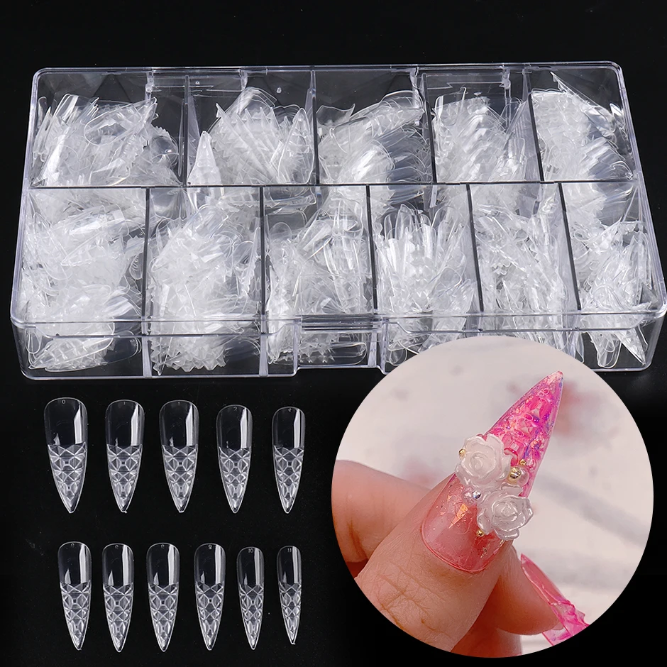 

500pcs Artificial Nails Tips Coloured Glazed Clear Full Cover Coffin Fake Nail Capsules with Box DIY Creative Maicure NT1989-1