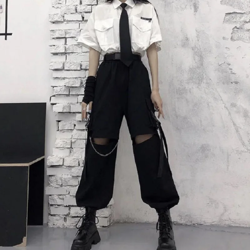 Autumn Fashion Cargo Pants Women Gothic Punk Black Wide Leg Lady Hot Pants Korean Fashion Street Wear Casual Trousers New