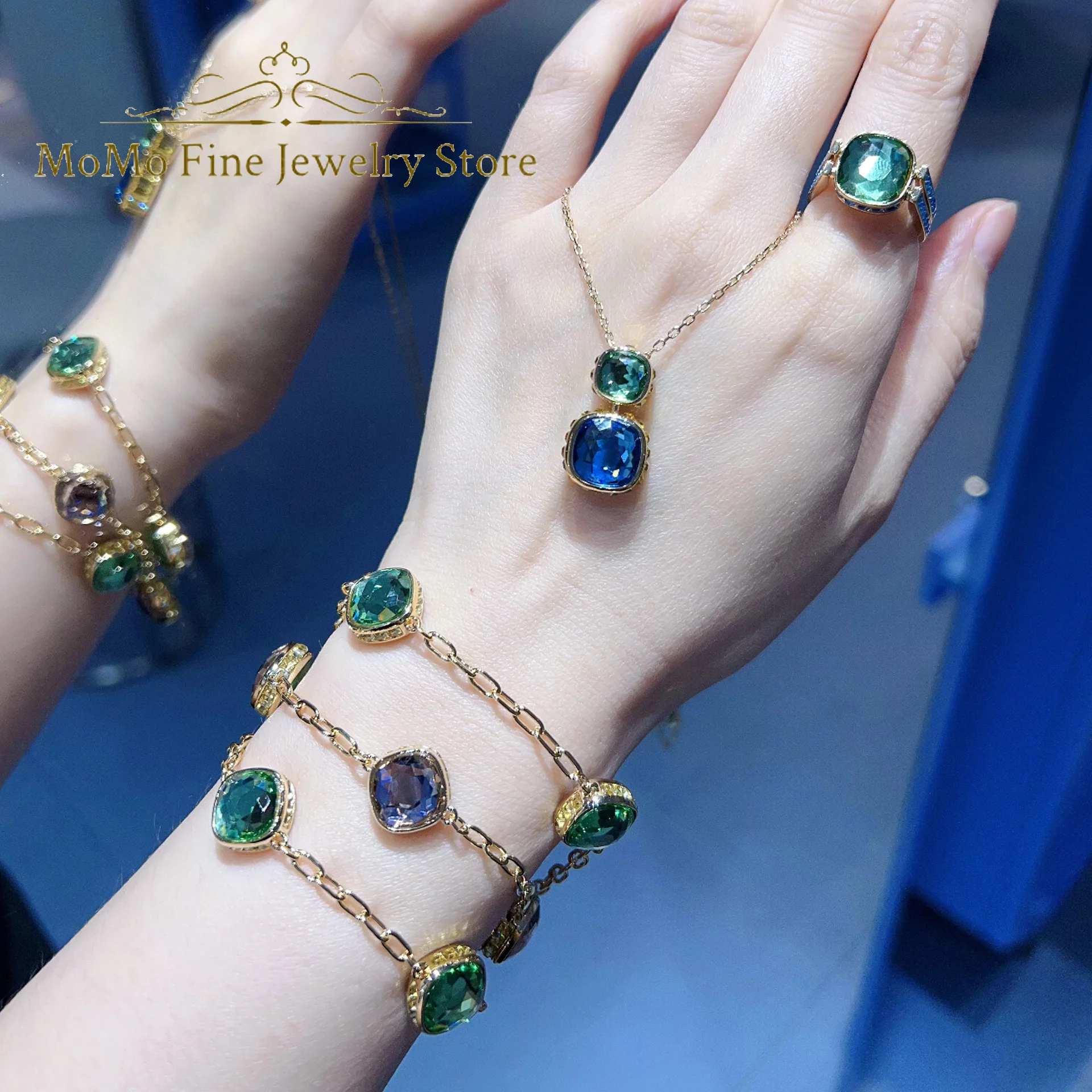 

Original 2025 New Trend Fine Anniversary Jewelry Set Charm Blue Pink Double Sided Crystal Fashion Women's Necklace Ring Earrings
