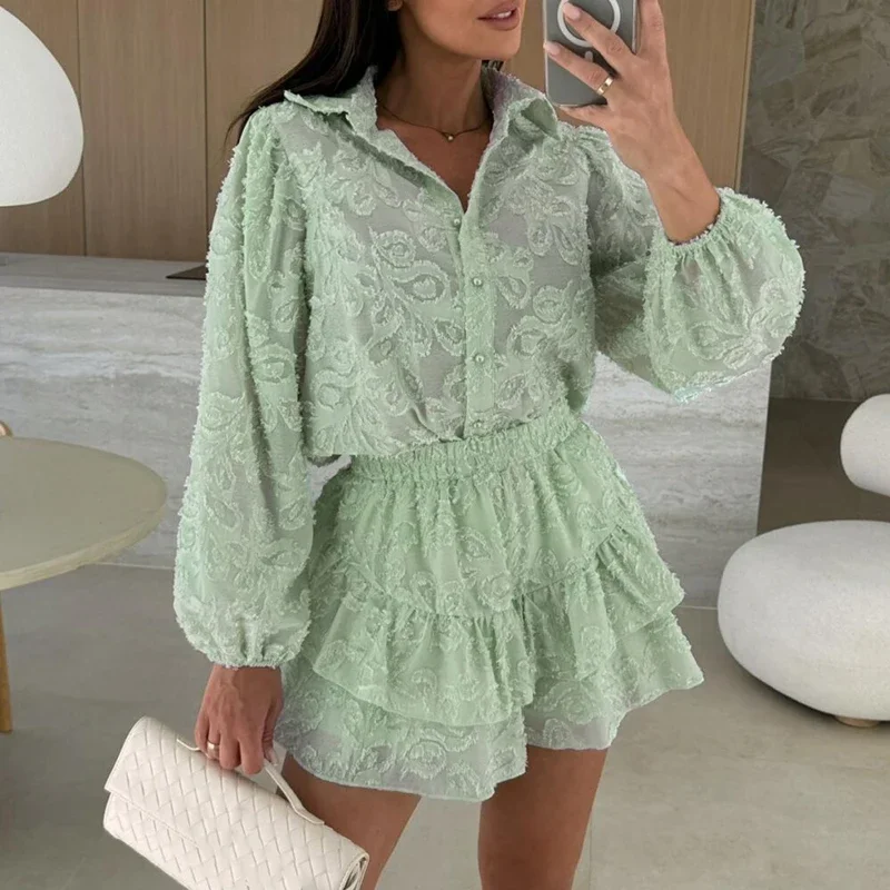 

Nice Fashion Lapel Button Shirt And Shorts Suit Casual Long Sleeved Beach Outfit 2025 Summer Lace Ruffle Loose Women's Two Piece
