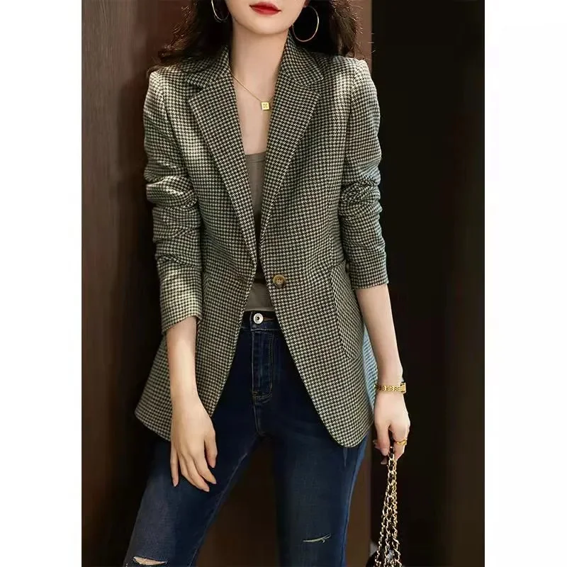 2023 Spring Autumn Winter Women New Fashionable Design Thick Suit British Style Slim Thousand Bird Checker One Button Coat Trend