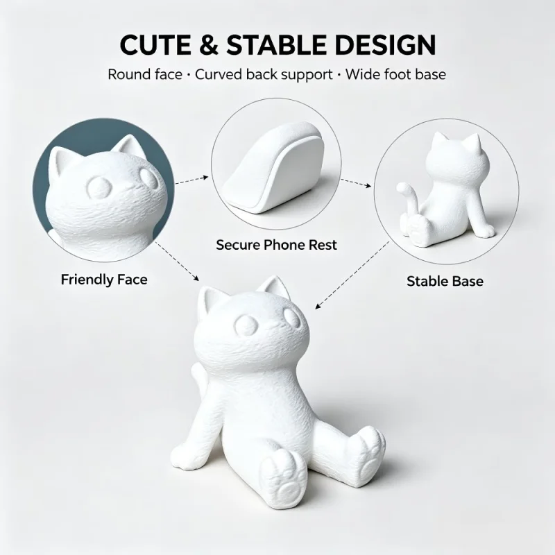 3D Printed Plastic Sitting Cat Phone Holder Cute Animal‑shaped Bracket For Smartphone Tablet,Desktop Stationary Decor Ornament