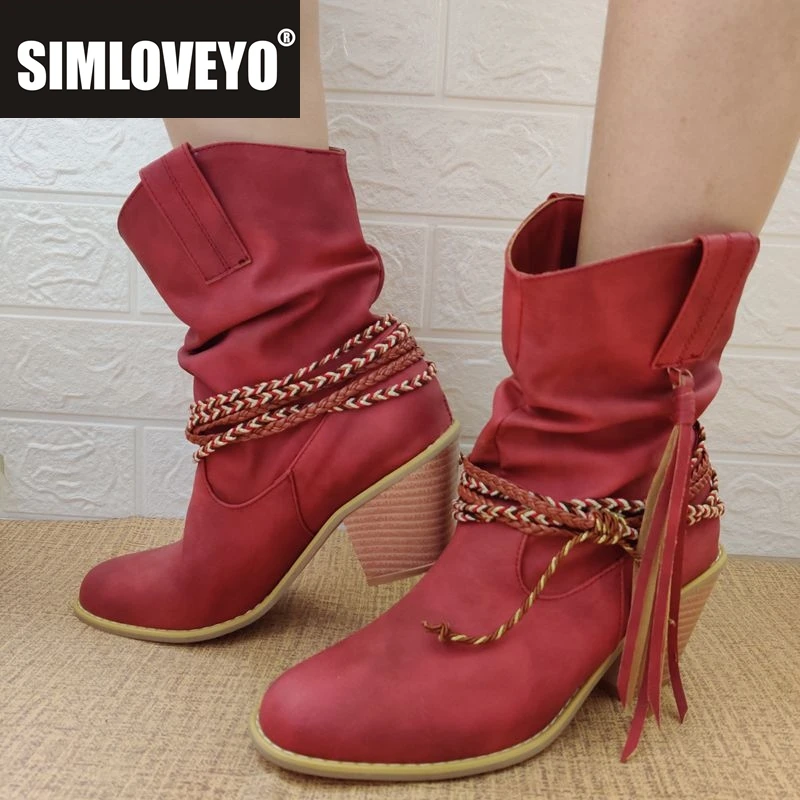 

SIMLOVEYO 2025 Женские ботинки для отдыха с круглым носком и блочным каблуком без шнуровки с кисточками, большие размеры 41 42 43 Мягкие повседневные ботильоны в стиле ретро