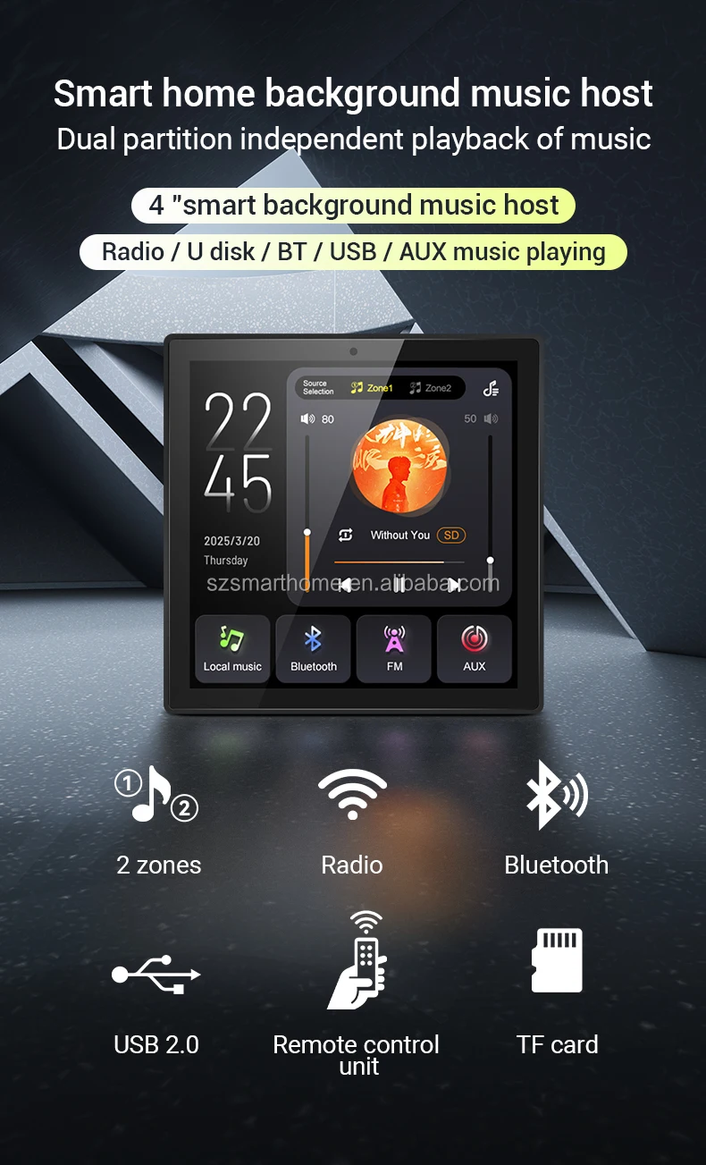 4-Inch Touch Screen Smart Switch Control Panel FM Radio Time Scheduling 2 Zones Independent Play Ceiling Wall Mount Amplifier