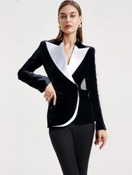 HIGH QUALITY 2024 New Autumn Black Jacket Women black white Patchwork collar Slim Blazer Jacket Outfit Coat Women