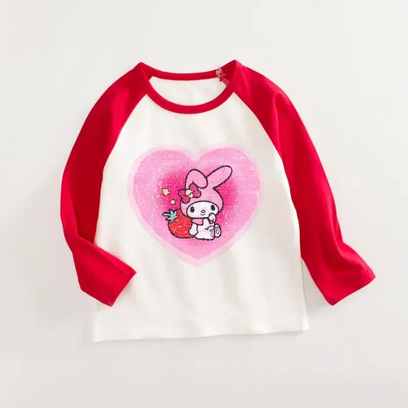 Sanrio My Melody Anime roupas infantis, camiseta de manga comprida para meninas, desenhos animados do coração, jaqueta fofa para crianças, presente superior para bebês, roupas kawaii