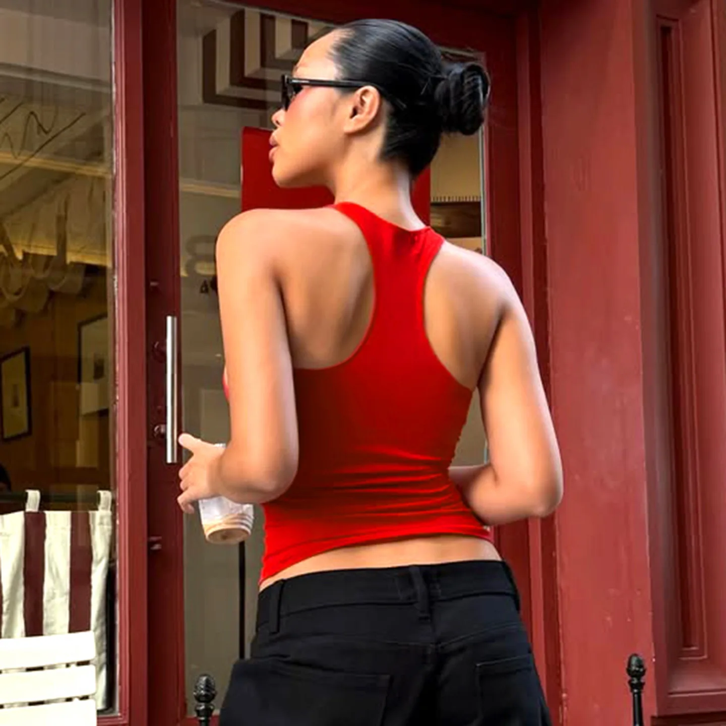 vintage red tank top women retro letters print low cut sexy streetwear open back fitness workout clothes crop top camis jogging