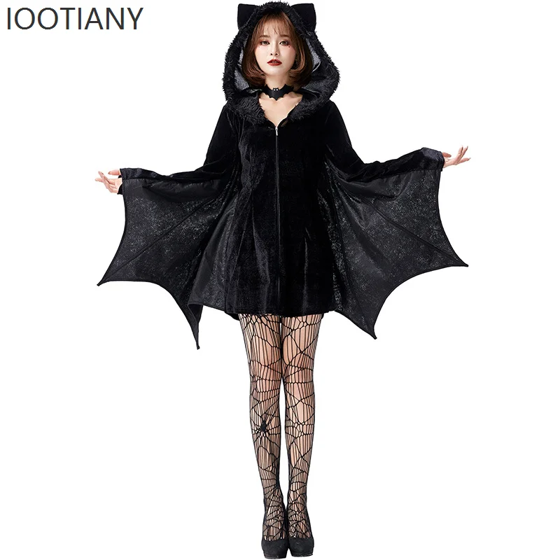 

Halloween Devil Costume Evil Bat Skirt Gothic Carnival Women's Clown Bat Hooded Bodysuit Gothic Adult Black Wings Bodysuit Set