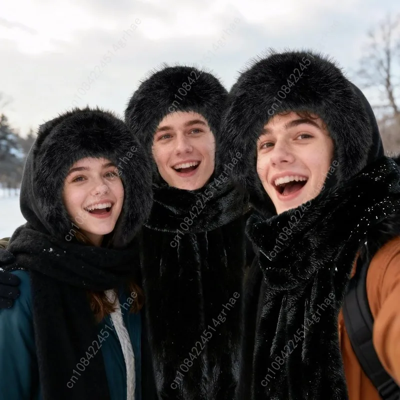 وشاح بغطاء للرأس للنساء للشتاء، وشاح قبعة الأذن 3 في 1 مجموعة قفازات من الفرو الصناعي قبعة دافئة سميكة وناعمة