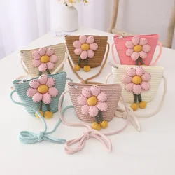 Children Aged 2-8 Years Old Fashion Cross-body Shoulder Bag Straw Woven Cute Flower Decoration Bag Coin Purse Little Girl Gift