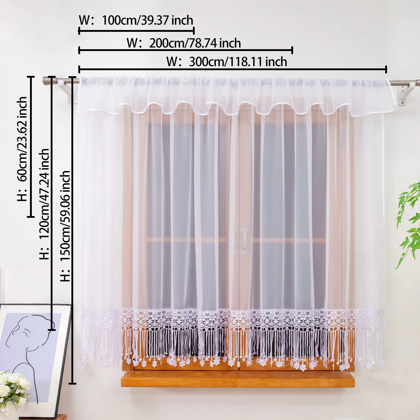 1PC White Hollow Lace Sheer Curtain, Floral Bead Tassel Light‑Filtering Drape, For Kitchen Living Room, Sweet Housewarming Gift