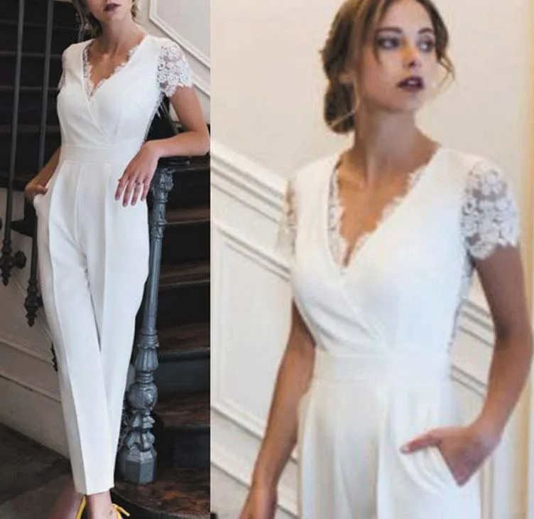 Pantsuit Separates Wedding Dresses CustomizedV-Neck Short Sleeve Jumpsuits Dresses Pantsuit Suitable for Banquet Party