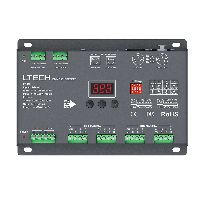 New LTECH Led DMX Decoder DC12V -24V Input;4A*12CH 48A Output 1152W RGB/RGBW Led Strip 12 Channel DMX512 Slave XLR-3/RJ45 Port