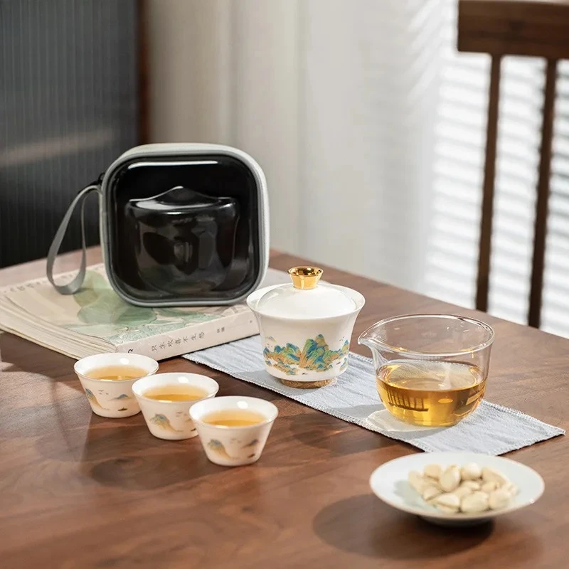 

Distant Hills Travel Tea Set Kit Creative 1 Pot 3 Cups Tea Maker Organizer Portable Camping Tote Bag Tea Items Supplies Craft