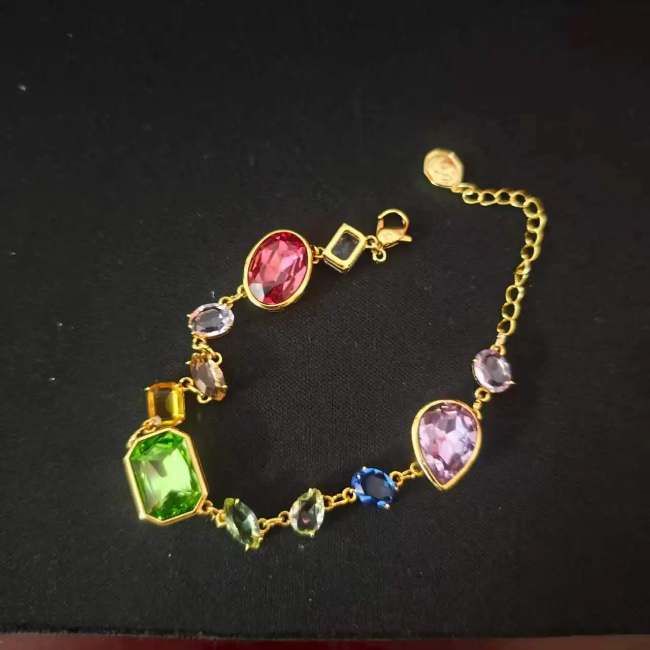 

Rainbow Crystal Cluster Bracelet, Gold Plated Mixed Cut Gemstone Chain Bracelet for Everyday Wear