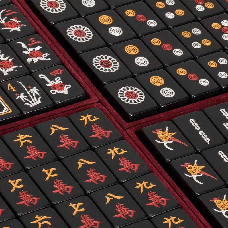 Chinese Mahjong w/Black Tiles and Wood Case - 