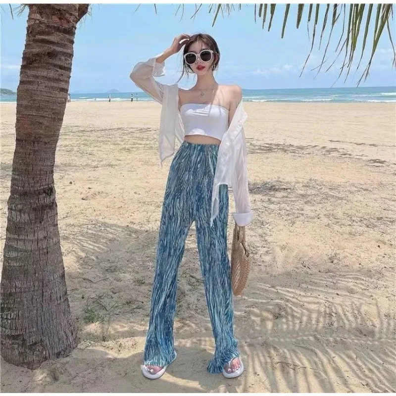 

Texture Blue Tie Dyed Pleated Ice Silk Sweatpants Summer Vacation Style Draped Elastic High Waisted Casual Wide Leg Pantalones