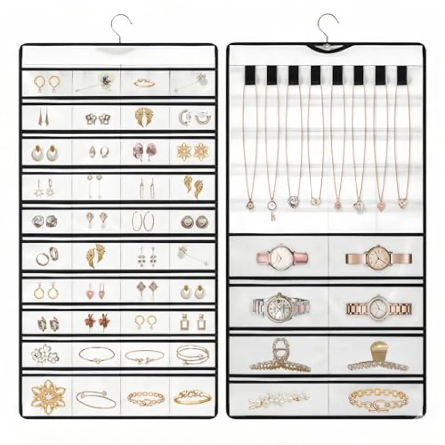 

Hanging Jewelry Organizer Double-Sided 48 Pockets Closet and Hook Jewelry Storage for Earrings Necklaces Bracelets Rings and Pe