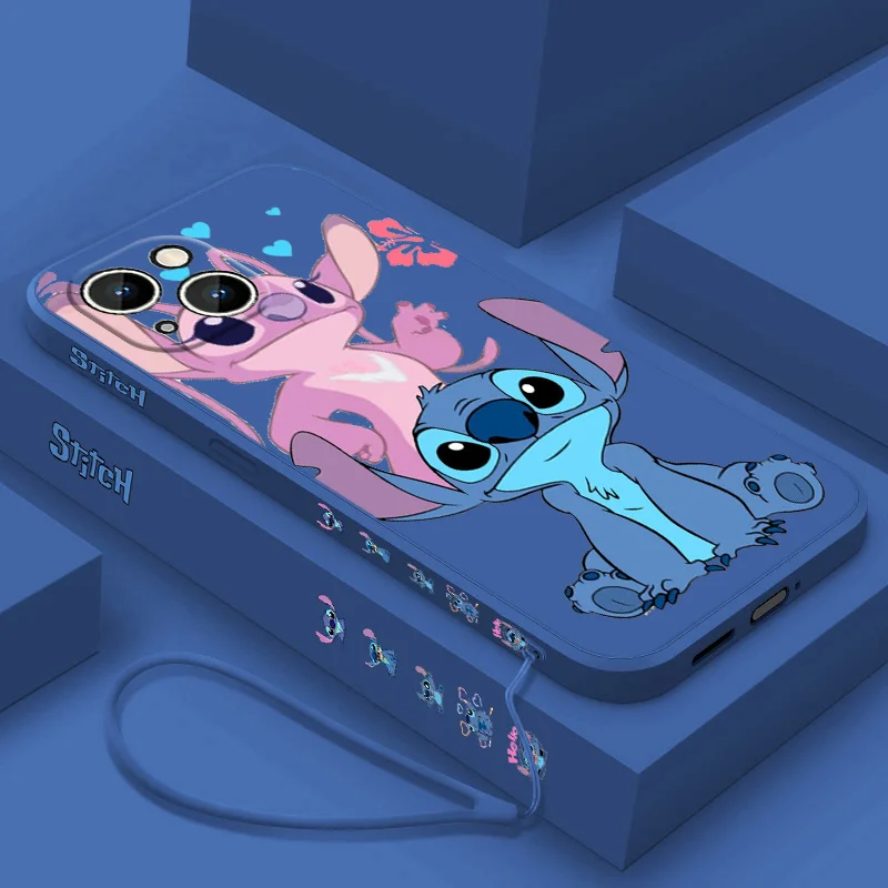 Disney cute Stitch Anime Cover For Apple iPhone 16 15 14 13 12 11 8 7 Pro mini Max Plus Liquid Left Rope Soft Phone Case