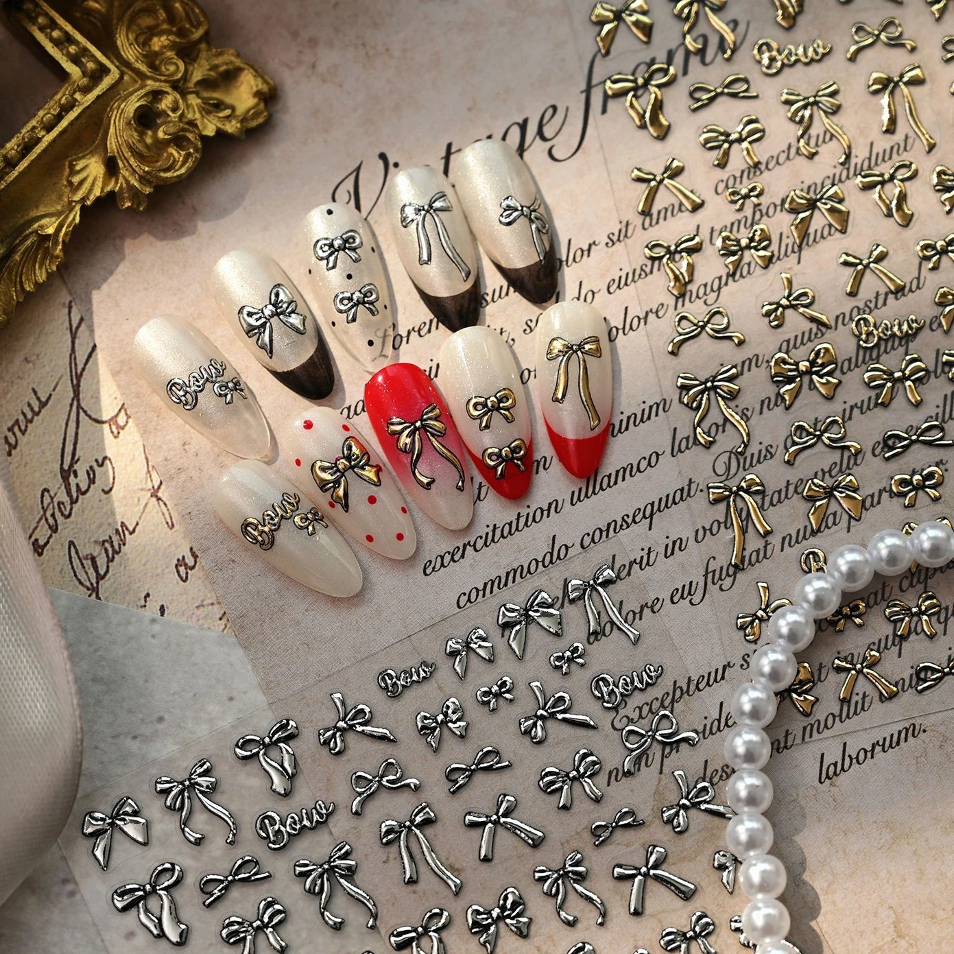 5D Simple French Gilding Metallic Ribbon Bow Nail Art Stickers Retro Gold Silver Various Bowknots Decals Manicure Accessories