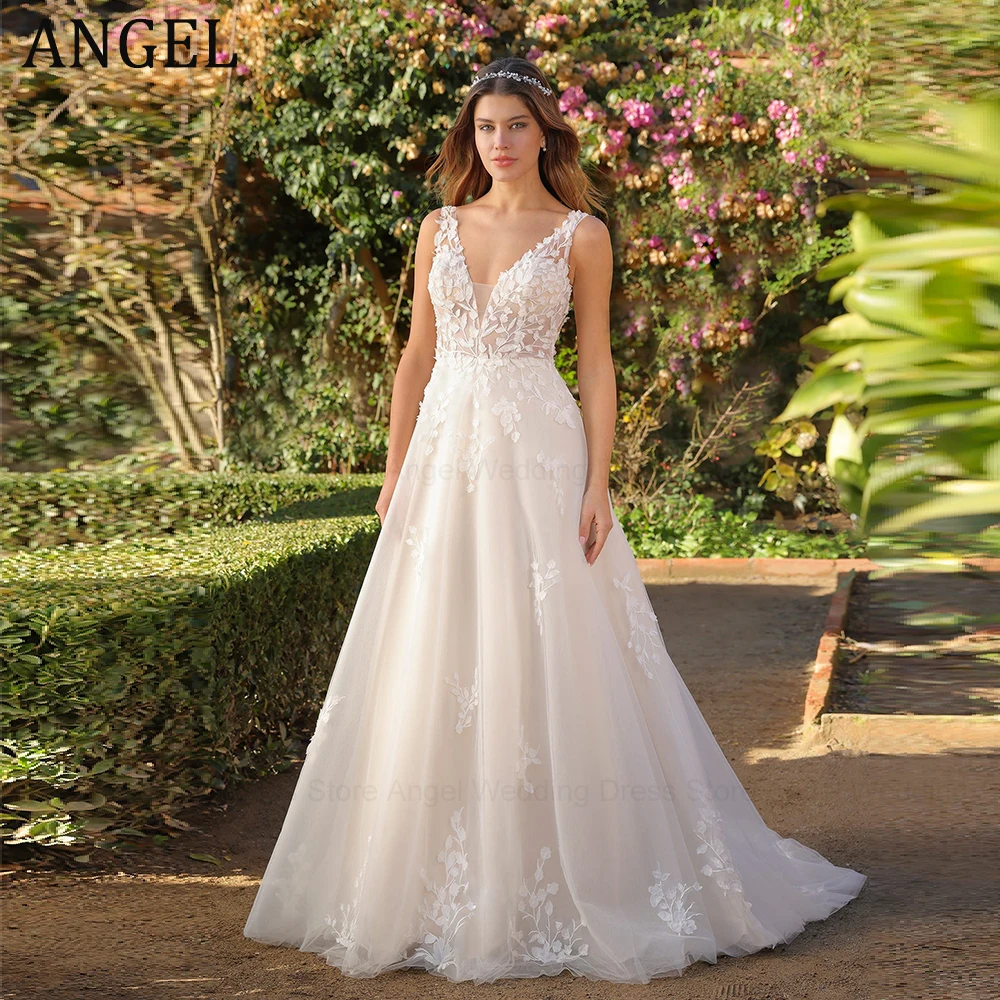 ANGEL A-Line V-Neck Wedding Dresses 2024 New Sleeveless Tulle Bridal Gown Leaves Applique Zipper Sexy Illusion Vestidos de Novia