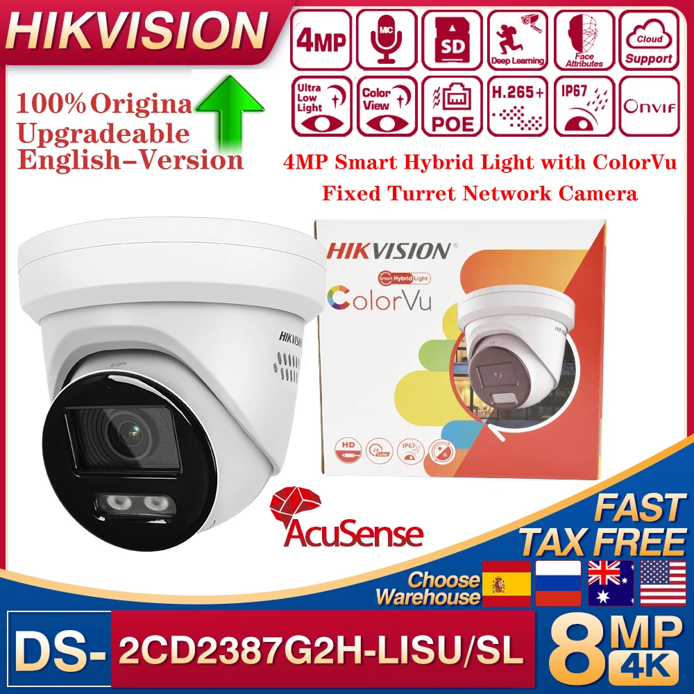 Hikvision DS-2CD2387G2-LISU/SL 4K 8MP ColorVu Acusense IP Camera Two-Way Audio Sound Alarm Fixed Turret Network Camera AcuSence