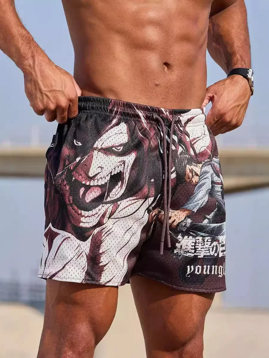 YOUNGLA American cartoon Attack on Titan mesh quick drying breathable shorts casual beach pants