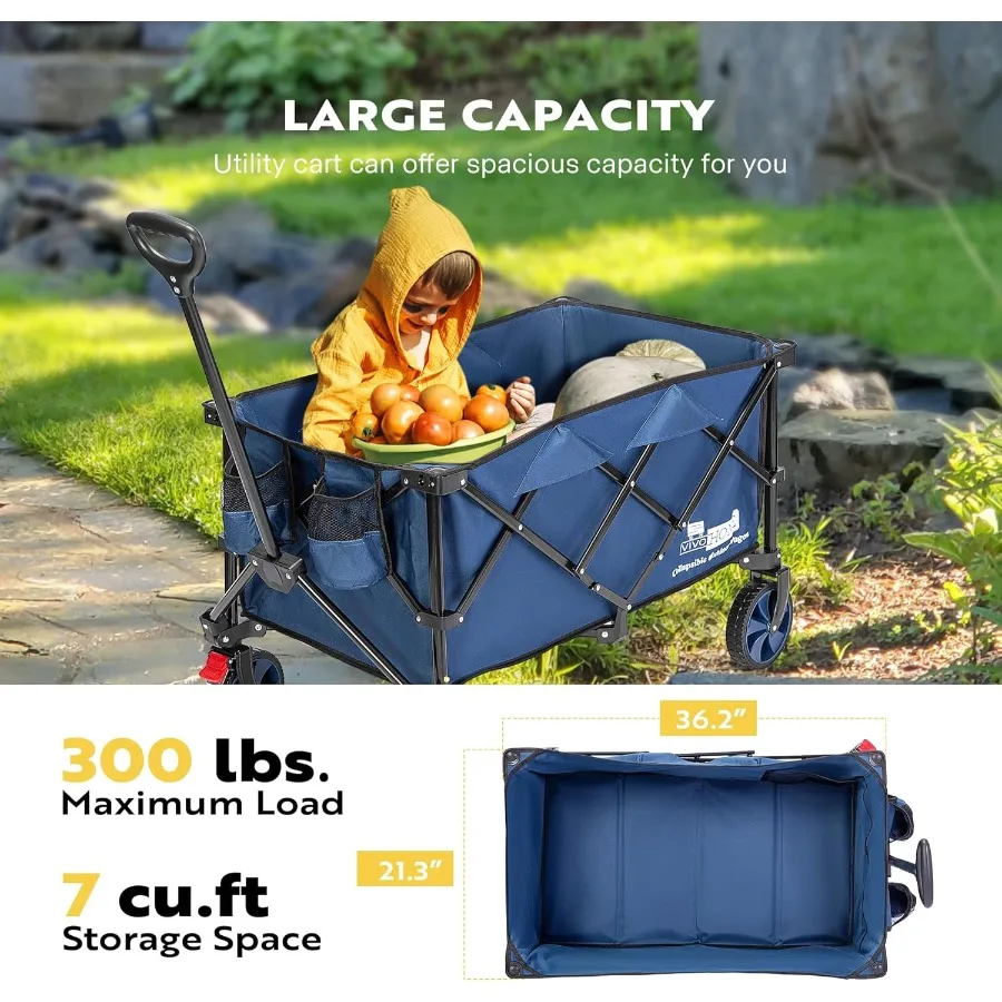 200L Collapsible Wagon 300lbs Heavy Duty Folding Utility Garden Cart Foldable Beach Wagons Large Capacity for Camping Picnic Bl