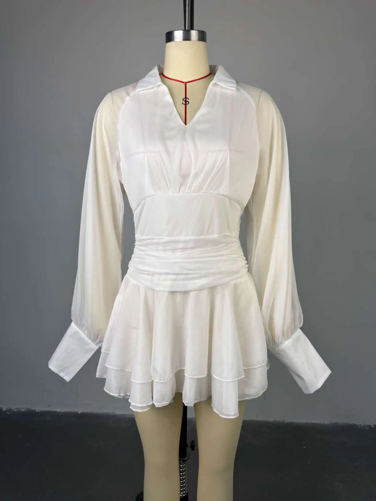 New Lantern Sleeve Shirt Top Skirt Two Piece Set Backless Cut Out Ruffled Pleated Mesh Cinched Waist V-Neck Blouse Fluffy Skirts