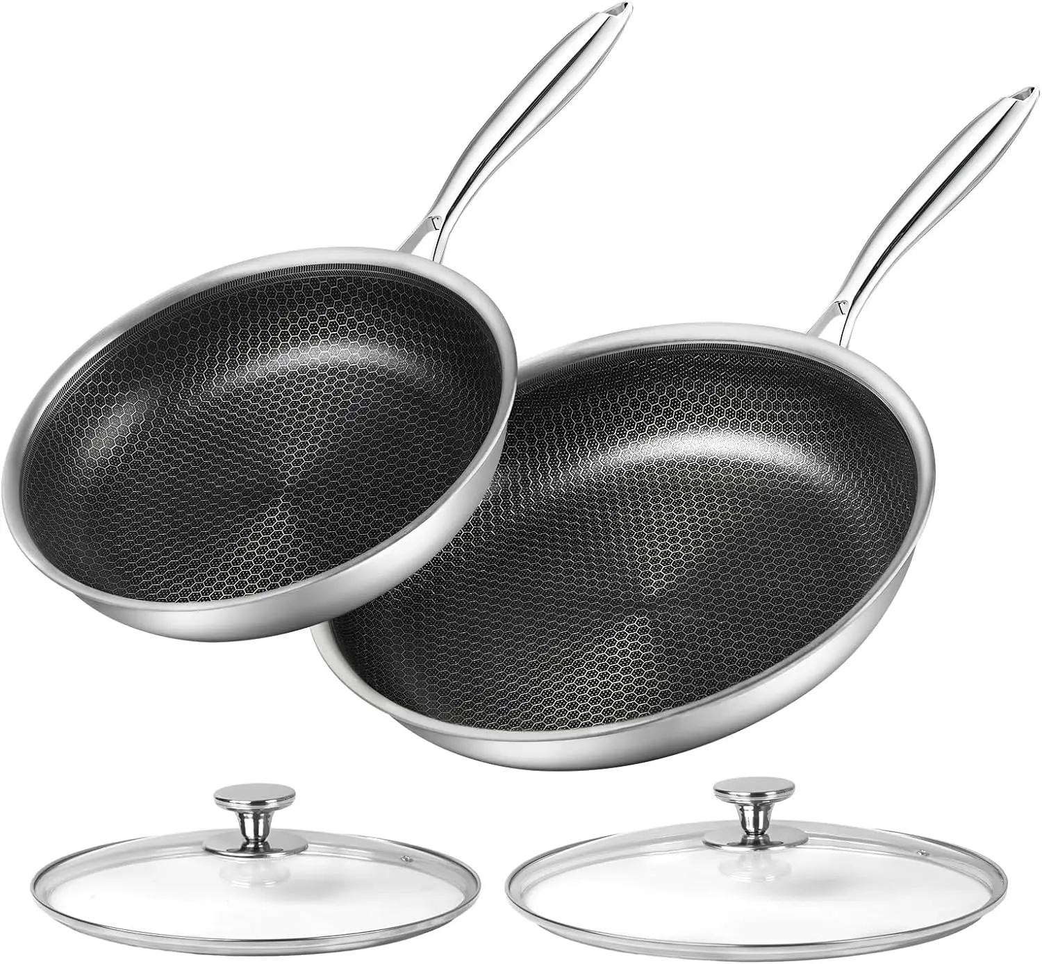 

Stainless Steel Frying Pan Set 10" and 12" Frying Pan Skillet Set W/Cooking Lid Stay Cool Handle duct