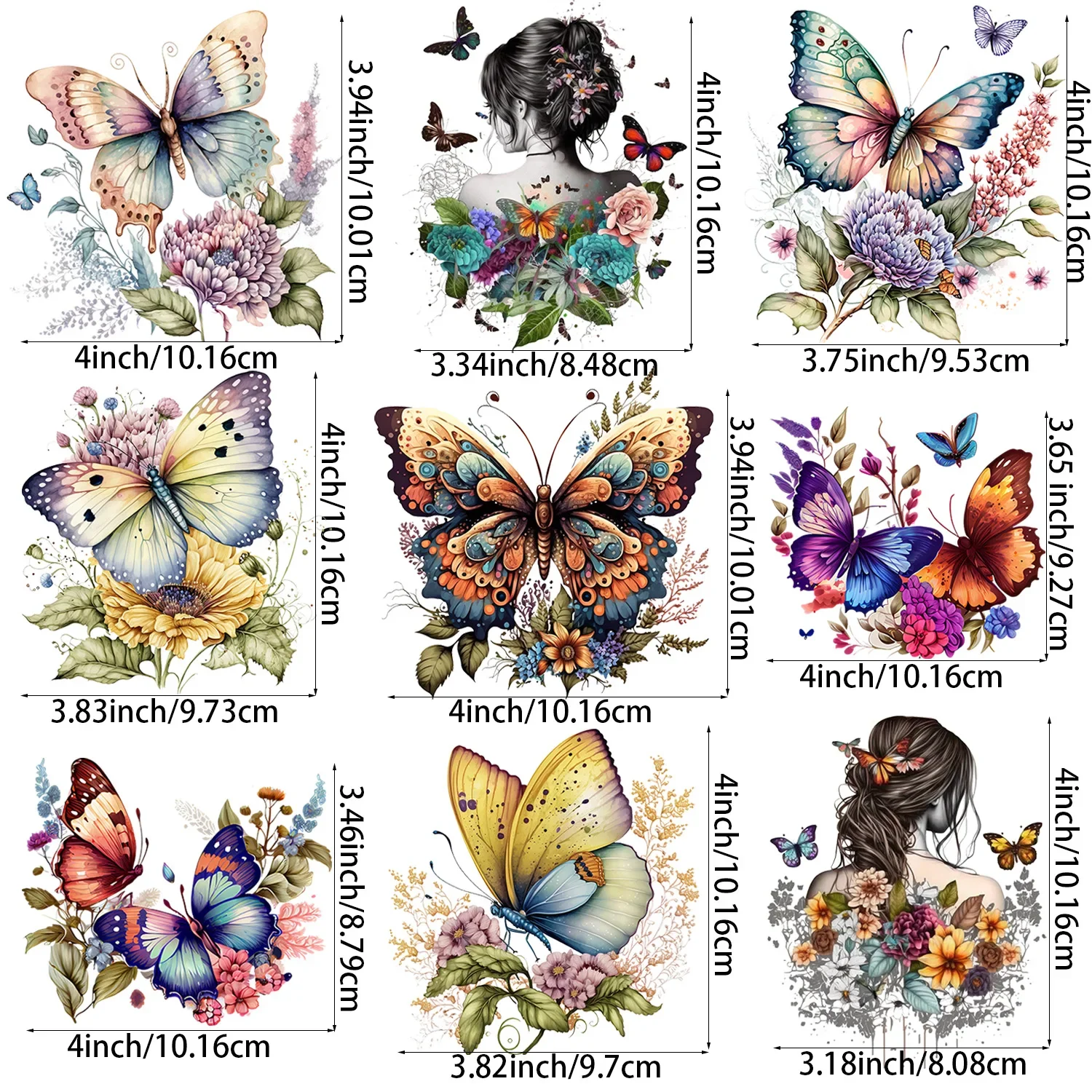 9 Pack Butterfly Themed Decals Iron-on Appliques Transfer Stickers Suitable for DIY T-Shirts Cowboy Hats Backpack Decoration