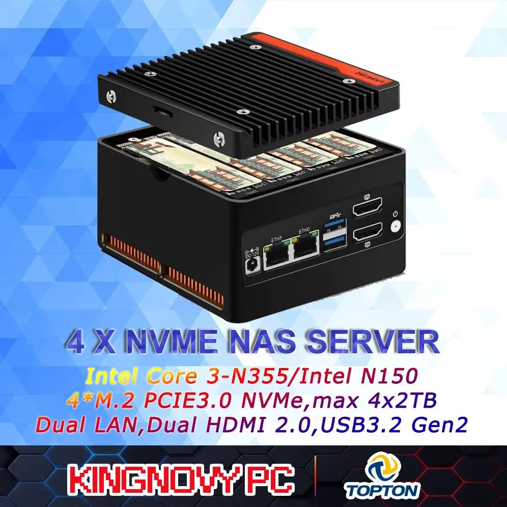 

4 x NVMe Mini NAS-серверы, 4-лучеечный NAS i3-N305 Core 3-N355 N150 N100 Карманный ПК с двумя i226-V 2,5GbE LAN, Dual HDMI 2.0, USB3.2 Gen2