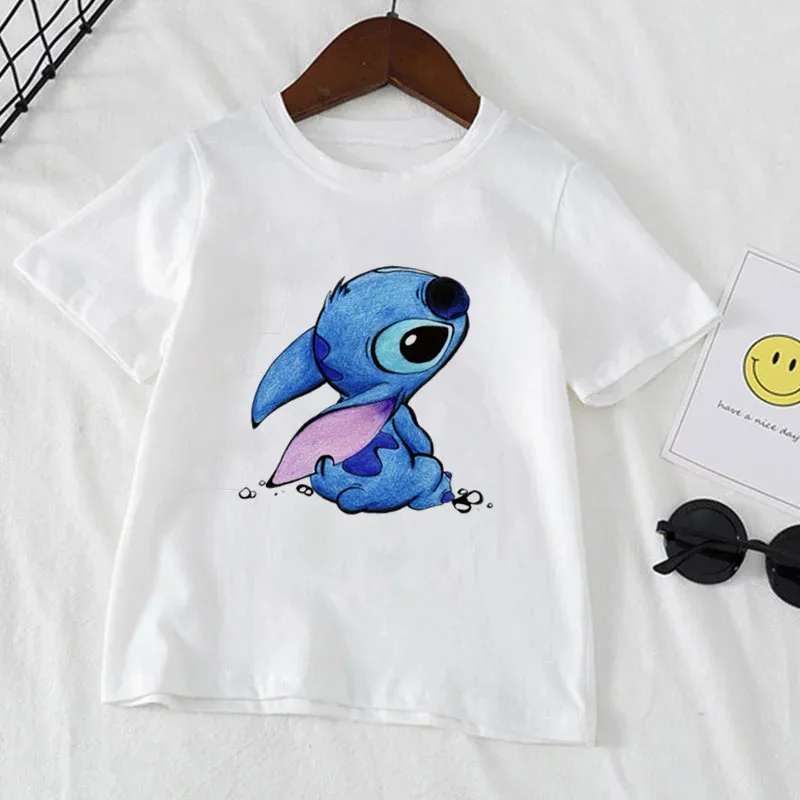 Camiseta branca de manga curta com stitch de desenho animado, roupa fofa com stitch da disney para meninos e meninas