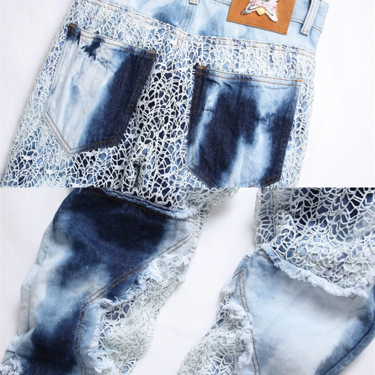 Winter Leopard Tattered Jeans Men's Snake Skin Embroidery Worn High Elastic 3D Inner Stars Zipper Bleached Slim Fit Pants Pocket