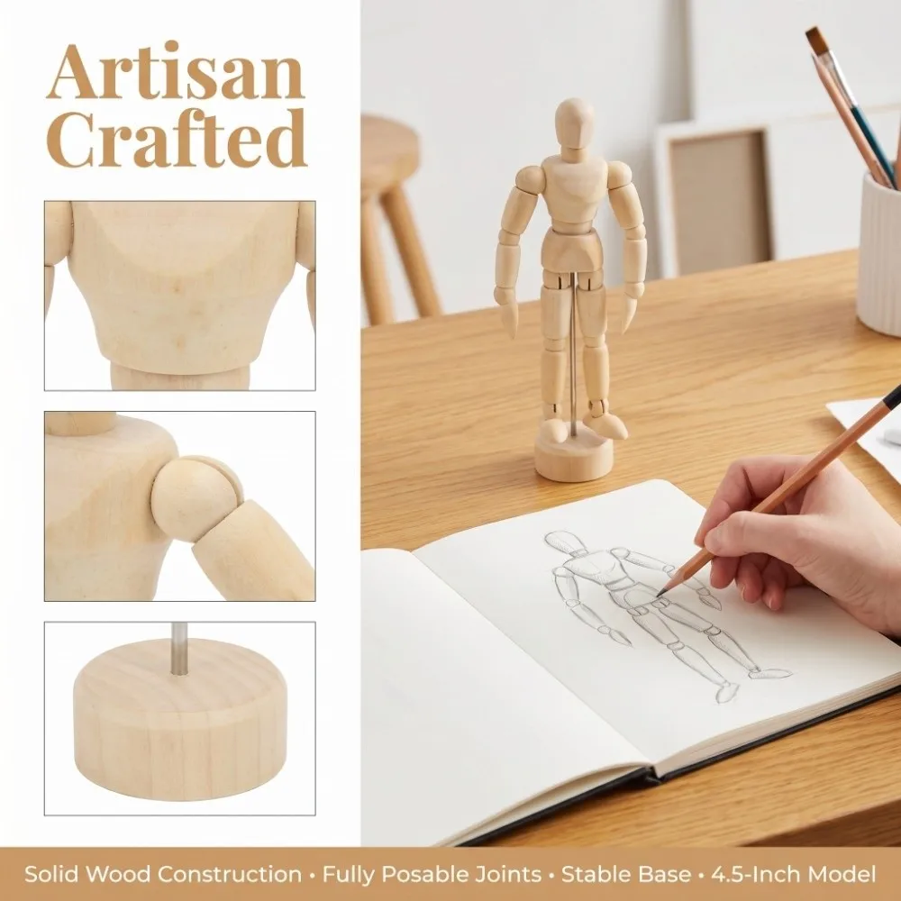 Articulated Joints Wooden Mannequin 4.5 Inch 5.5 Inch Jointed Art Figure Adjustable Pose Natural Wood Material