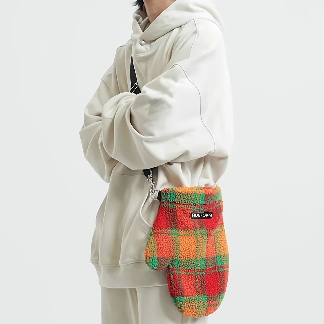 Retro Y2K-style glove-shaped shoulder bag, featuring a Y2K-inspired American Christmas red, orange, and green plaid color-block